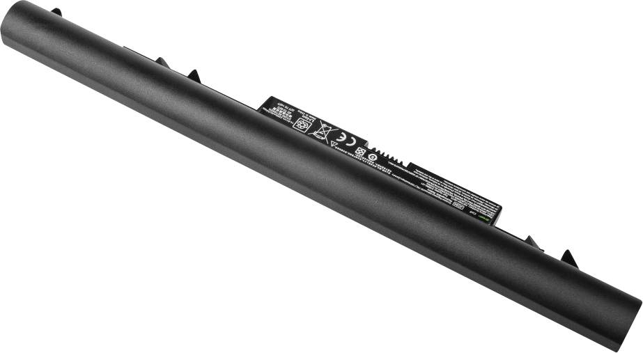 A black laptop battery in an elongated shape with product information on the top surface.