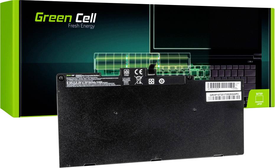 'Green Cell Fresh Energy' laptop battery. Black rectangle with product labels. Packaging in the background shows battery design.