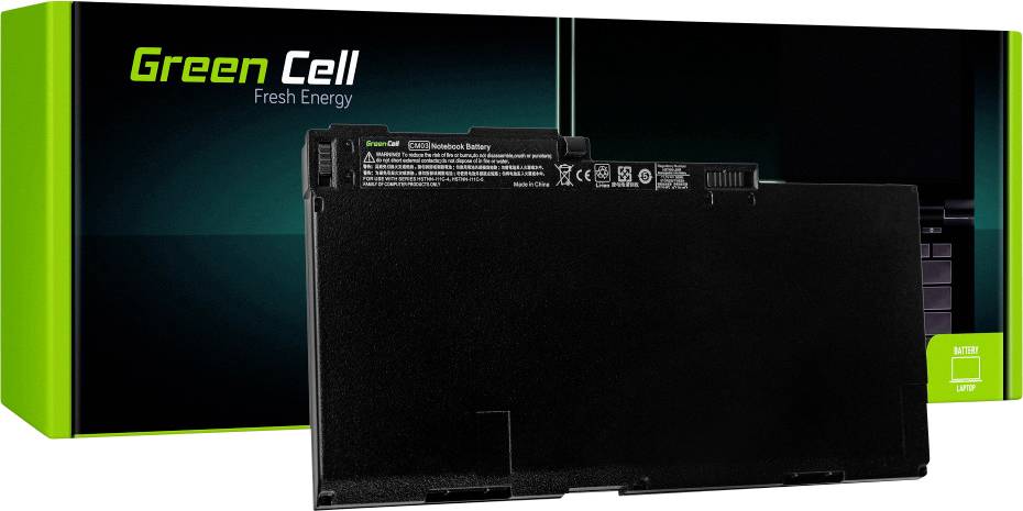Laptop battery by Green Cell with packaging in the background, displaying specifications and brand name.
