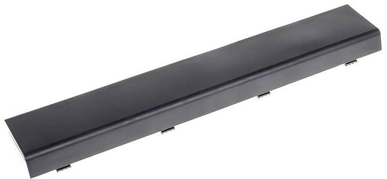 A black, rectangular laptop battery, compact and elongated, with multiple connection points on the underside.