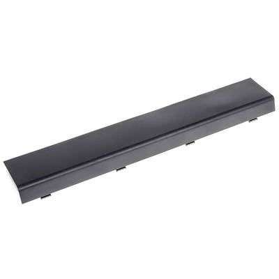 A black, rectangular laptop battery, compact and elongated, with multiple connection points on the underside.