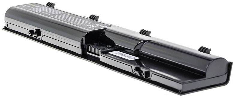 Laptop battery in close-up. Black, elongated design with technical details printed on the surface.