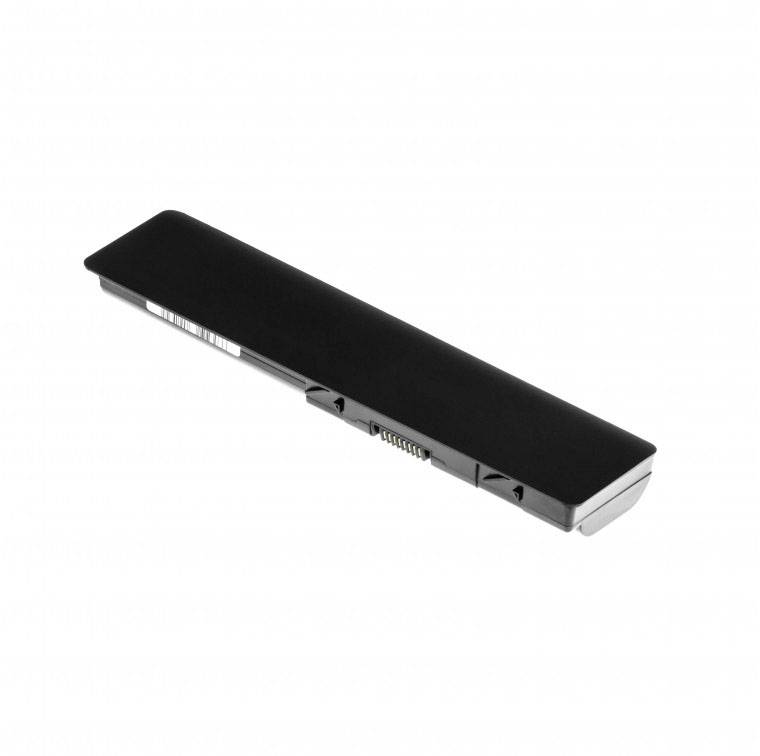 A rectangular, black laptop battery with silver contacts at one end lies on a white surface.