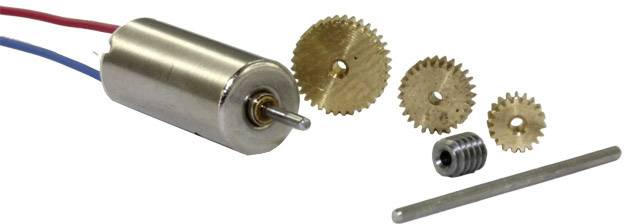 A small electric motor with red and blue wires is shown on the left, alongside four gears and an elongated metal rod.