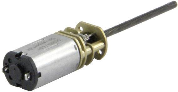 A small electric motor with a metal gearbox and long threaded rod. Commonly used in robotics and model-building applications.