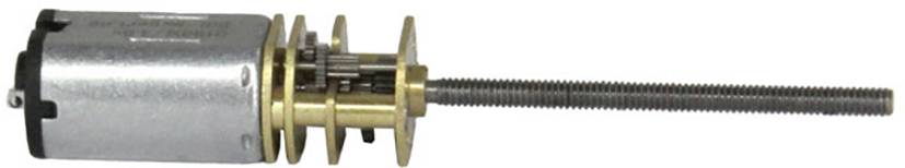 An electric gearmotor with multiple metal gearwheels and a long threaded rod, photographed from the side.