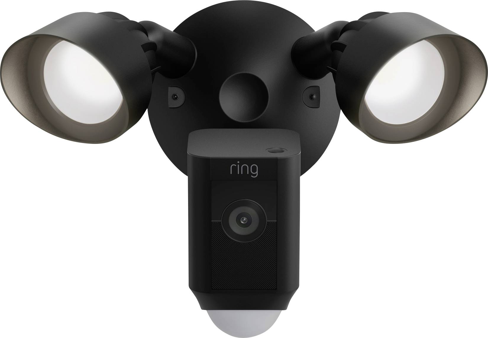 Black security camera with two integrated lights.<br><br>(Note: The translation is already in British English and does not require significant modification.)