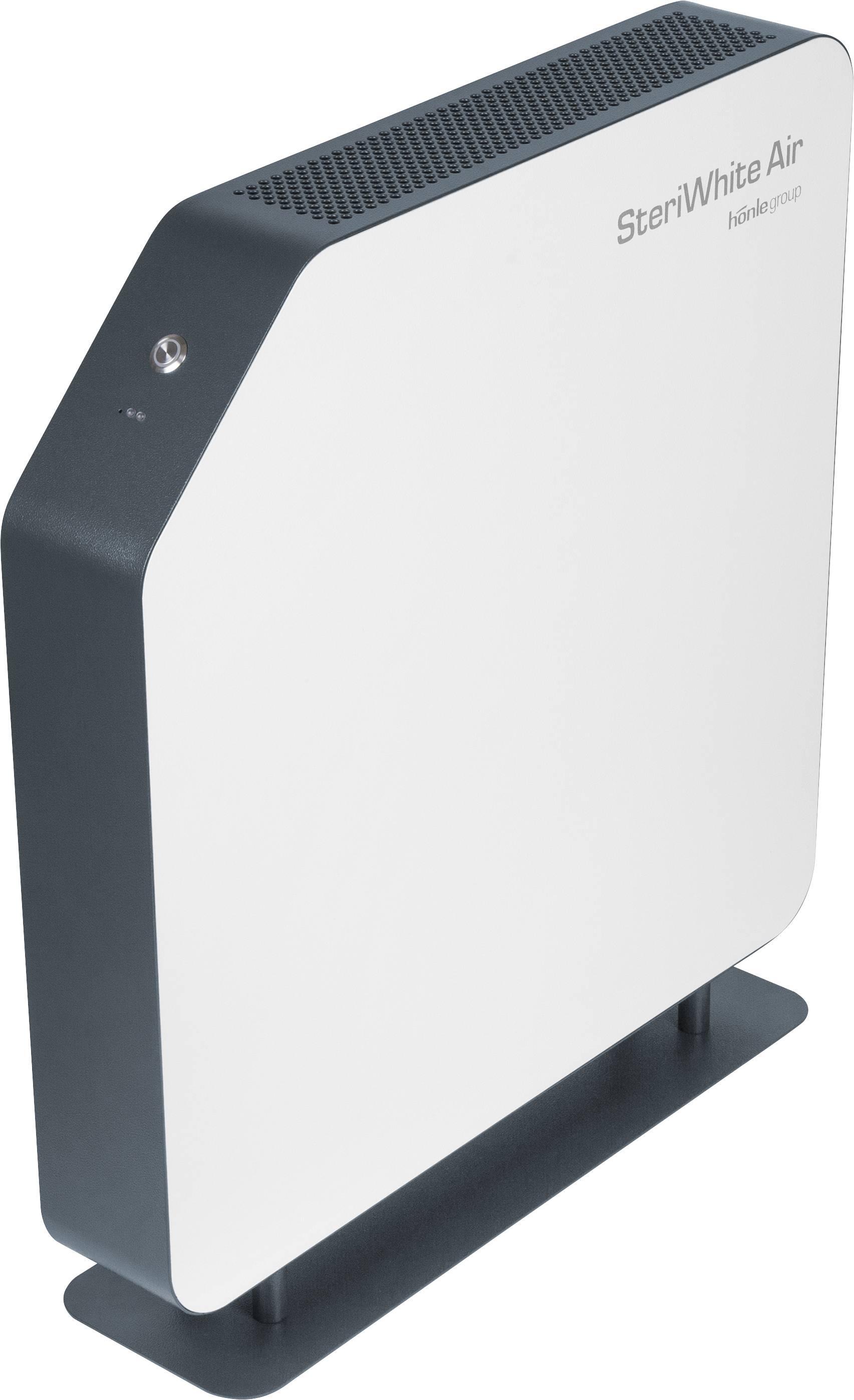 An air purifier with the label 'SteriWhite Air'. It has a minimalist design in white and dark grey and stands on a flat base.
