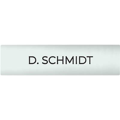 Name badge with the inscription 'D. Schmidt' in black letters on a light grey background.