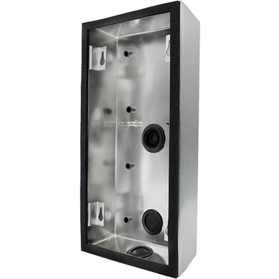 Metal mounting frame for electronic devices with multiple attachment points and cable passages, side view.