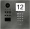 Doorbell system with camera and keypad, illuminated number '12', microphone and speaker grille on a metallic surface.