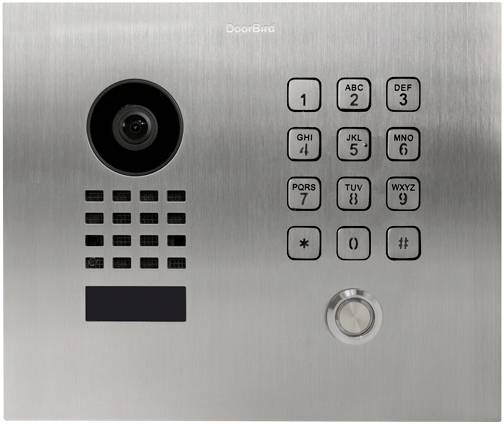 A silver intercom with camera, speaker, keypad and doorbell button.