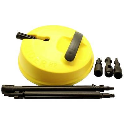 Yellow cleaning device component with black connecting parts and two extension rods. Components for a pressure washer.