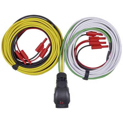 Two cable sets with coloured plugs and a black connector in the middle, for electrical connections or measurements.