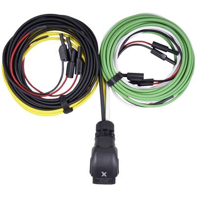 Two cable bundles with connectors in black, yellow, red, and green, connected by a black adapter in the centre.