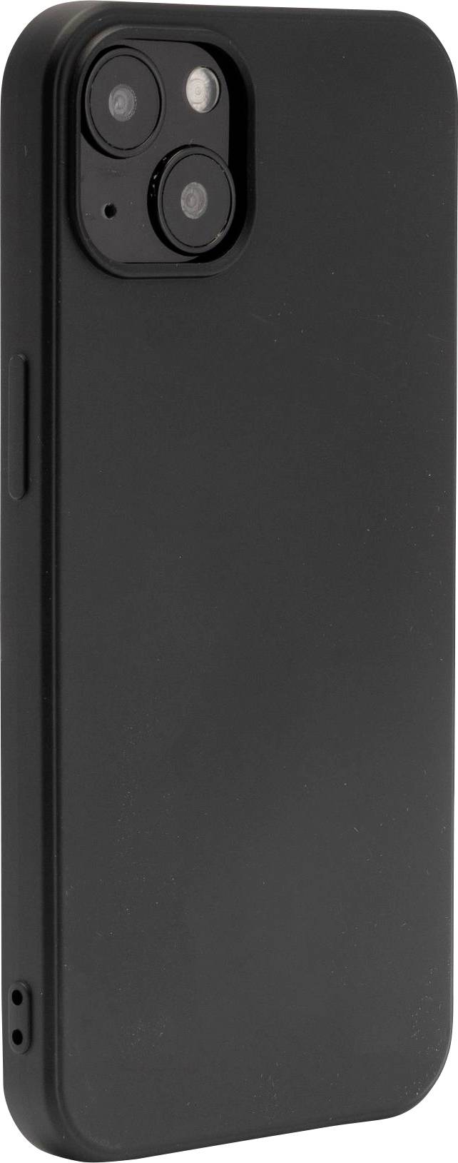 Black smartphone with three camera lenses on the back and rounded corners.