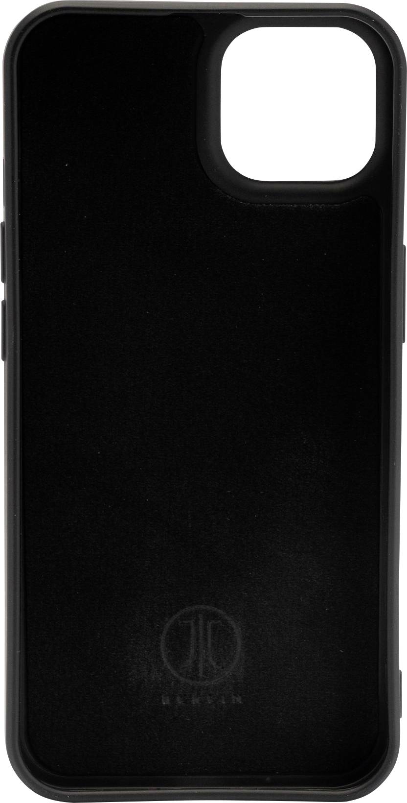 Black mobile phone case with a matte finish and a circular logo at the bottom end.