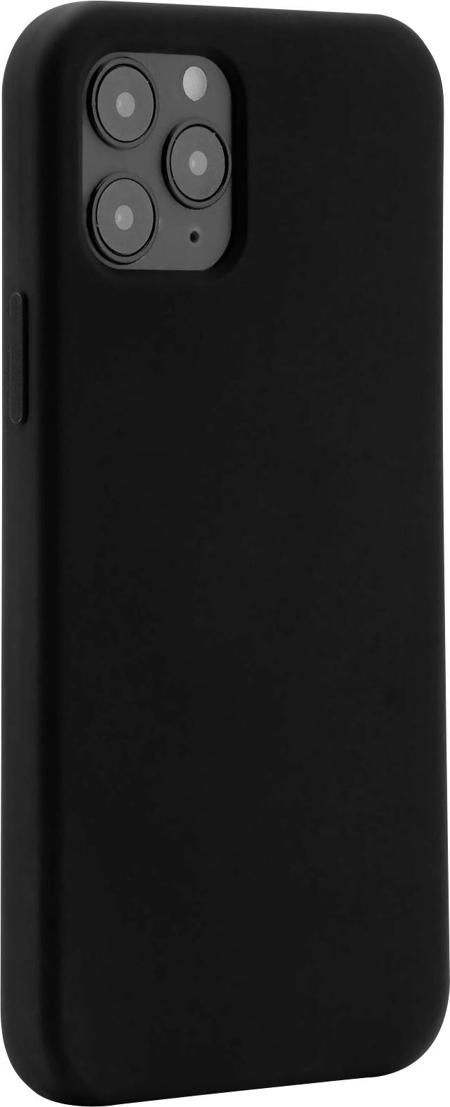 Black silicone mobile phone case with cut-outs for camera and buttons, suitable for a smartphone with three camera lenses.