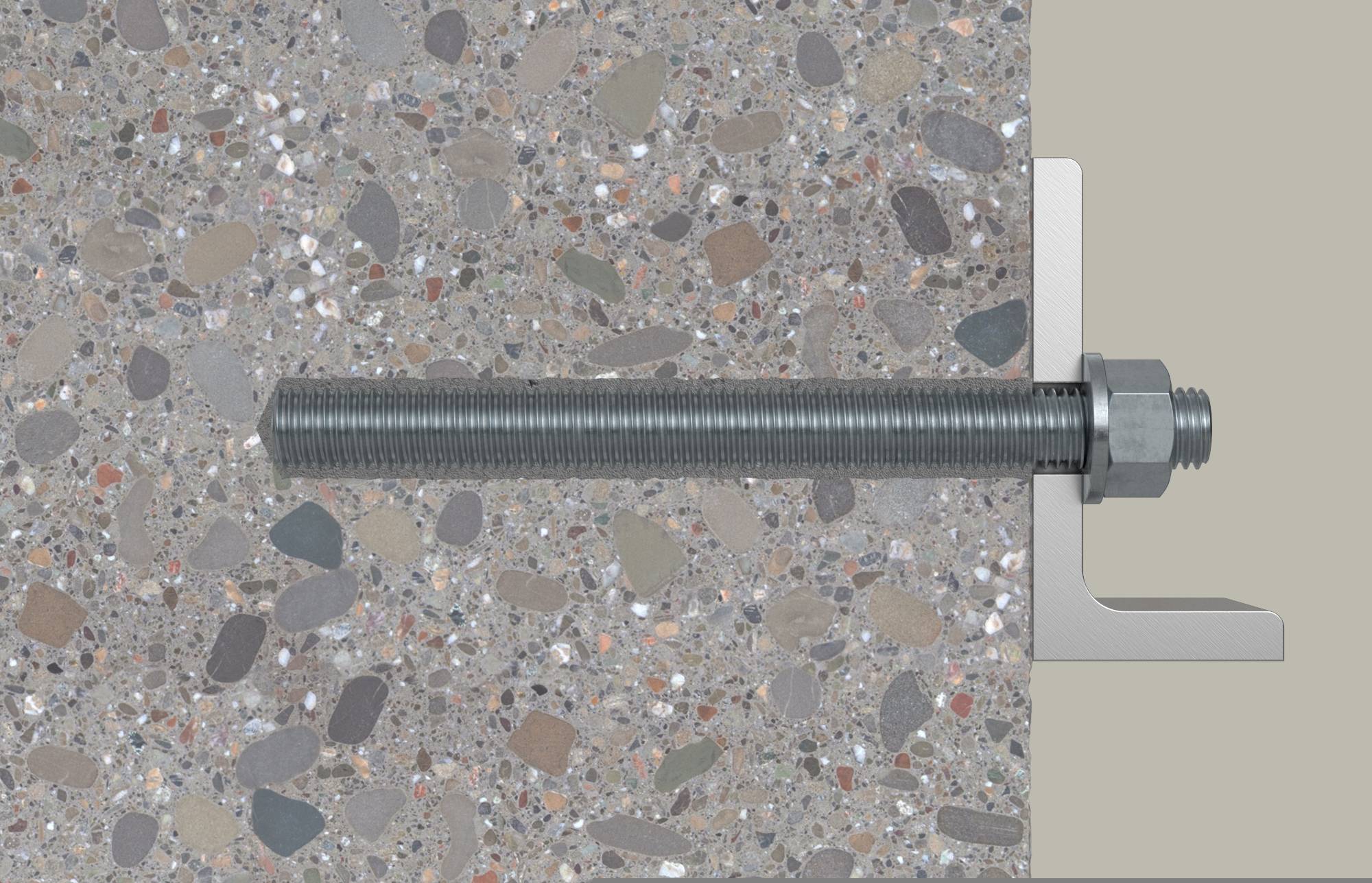 Threaded anchor bolt extending horizontally from a concrete surface into a metal L-bracket, secured with a nut and washer.<br>
