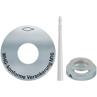 Product image of a silver anchor mounting set: a circular plate labeled 'WHG-konforme Verankerung M16', a white anchor bolt, and a metal base ring.
