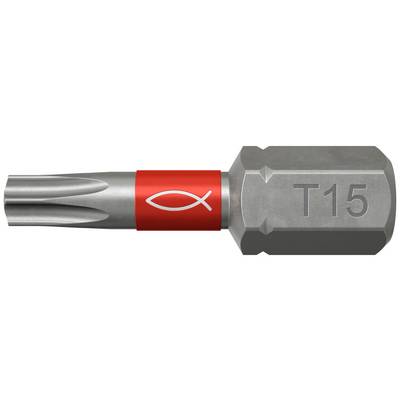 Close-up of a T15 Torx screwdriver bit with a silver shaft, red band, and gray hex end labeled 'T15'.