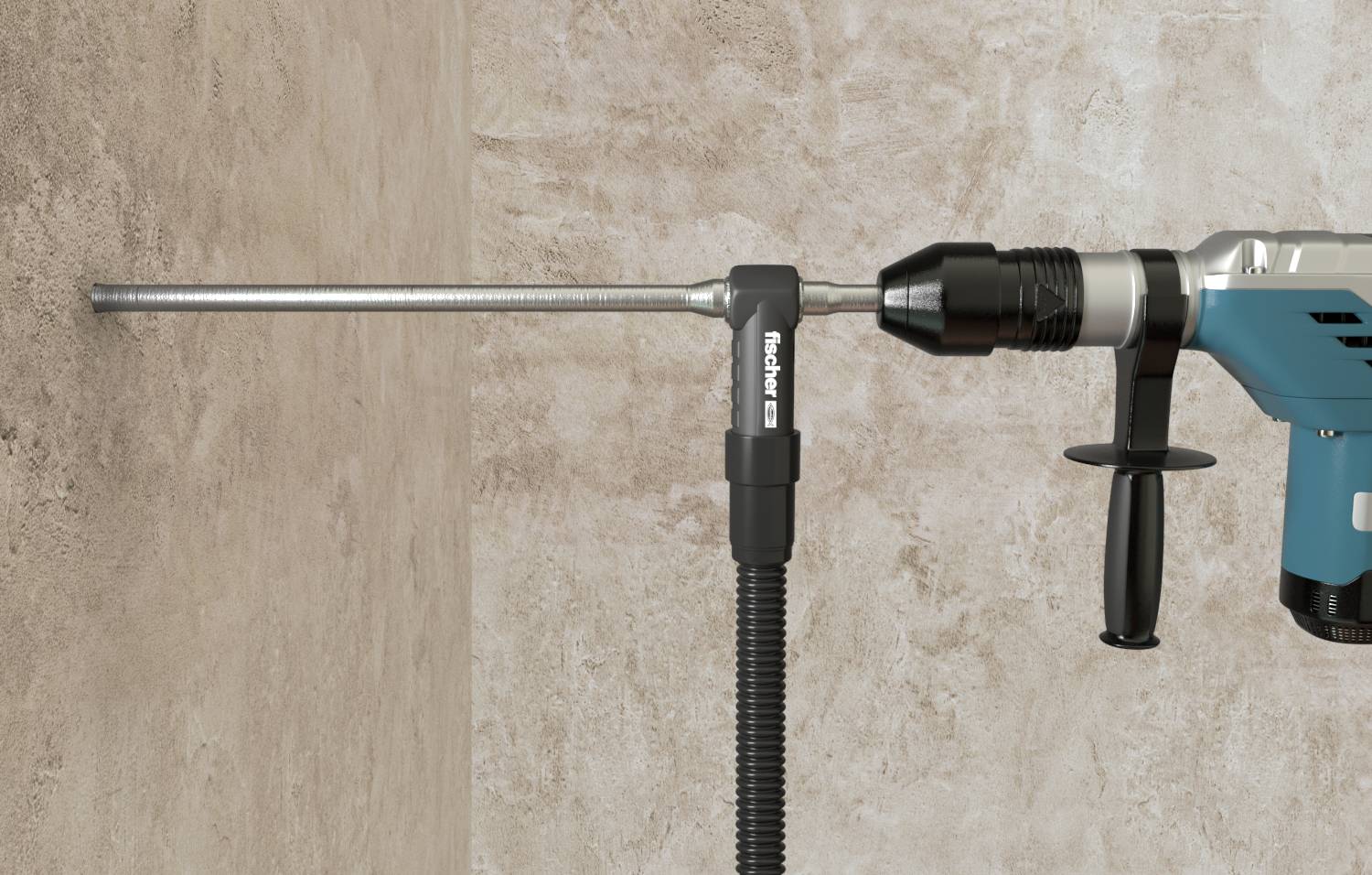 A drill is drilling through a wall with a drill bit. The 'fischer' label on the tool is visible.