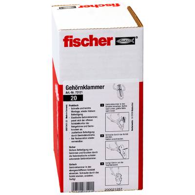 Box of Fischer 'Gehörnklammer' mounting clips, with product name, article number, and illustrated 3-step installation instructions on the front.