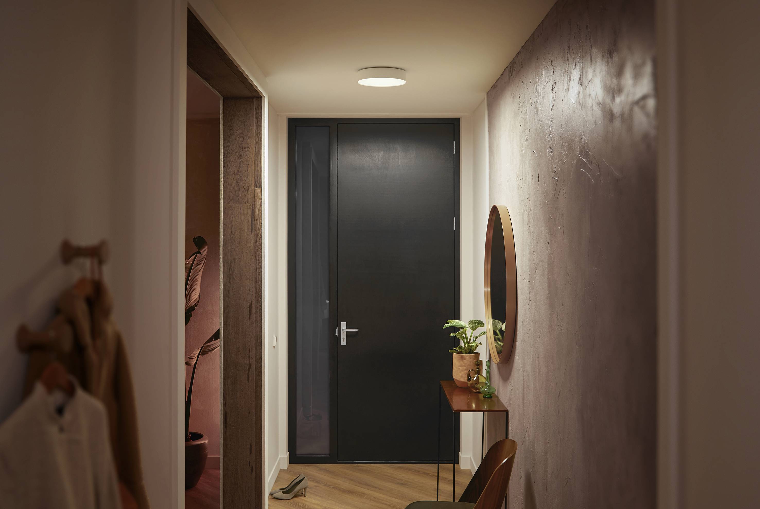 A narrow corridor with wooden flooring, where a table with a potted plant stands. A round mirror hangs on the right-hand wall.