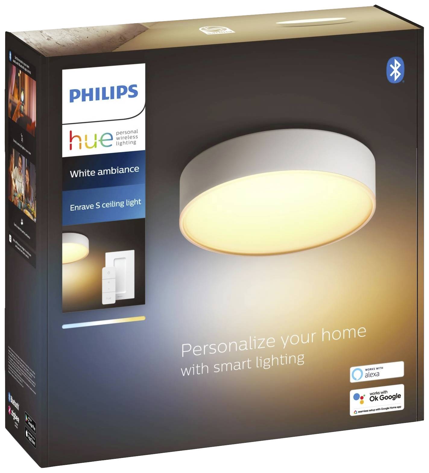 Packaging for the Philips Hue Enrave S Ceiling Light with white ambience; smart lighting, compatible with Alexa and Google Assistant.