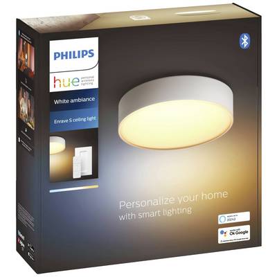 Packaging for the Philips Hue Enrave S Ceiling Light with white ambience; smart lighting, compatible with Alexa and Google Assistant.