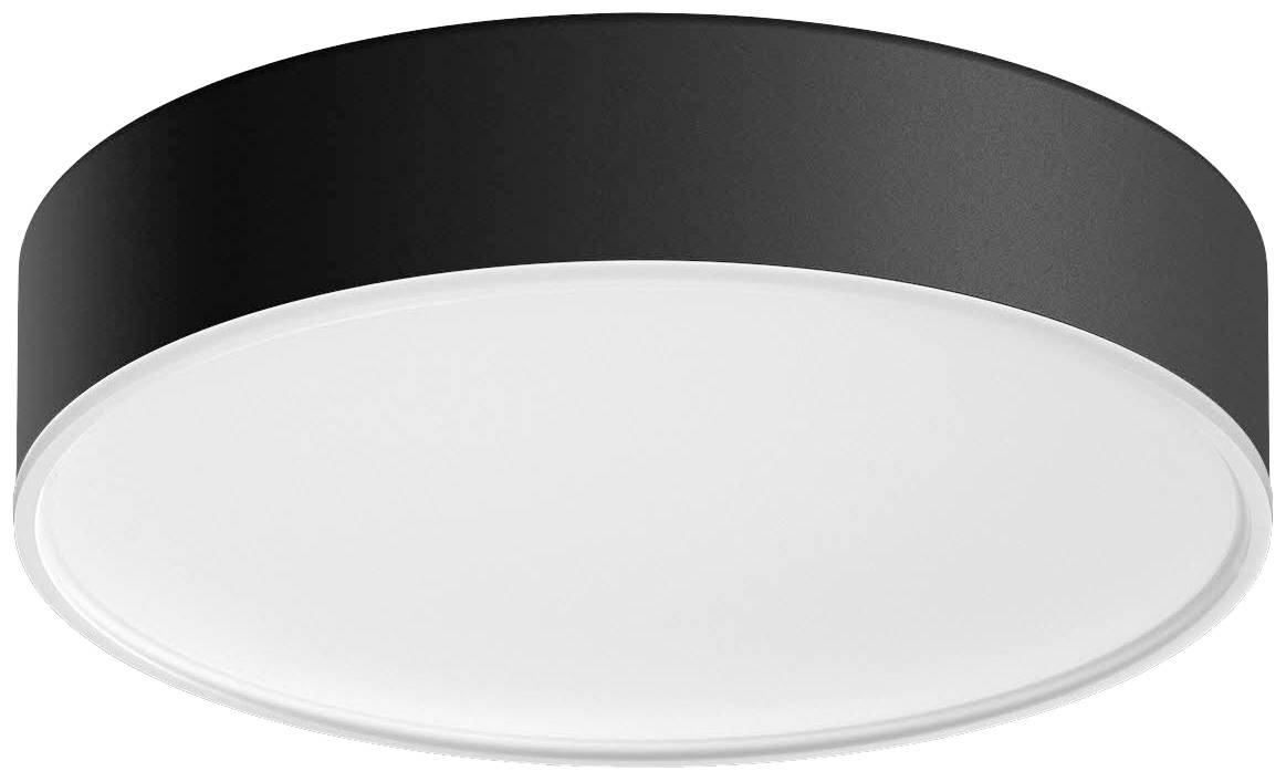 Round, black and white ceiling light with a simple, modern design. Suitable for various interior settings.