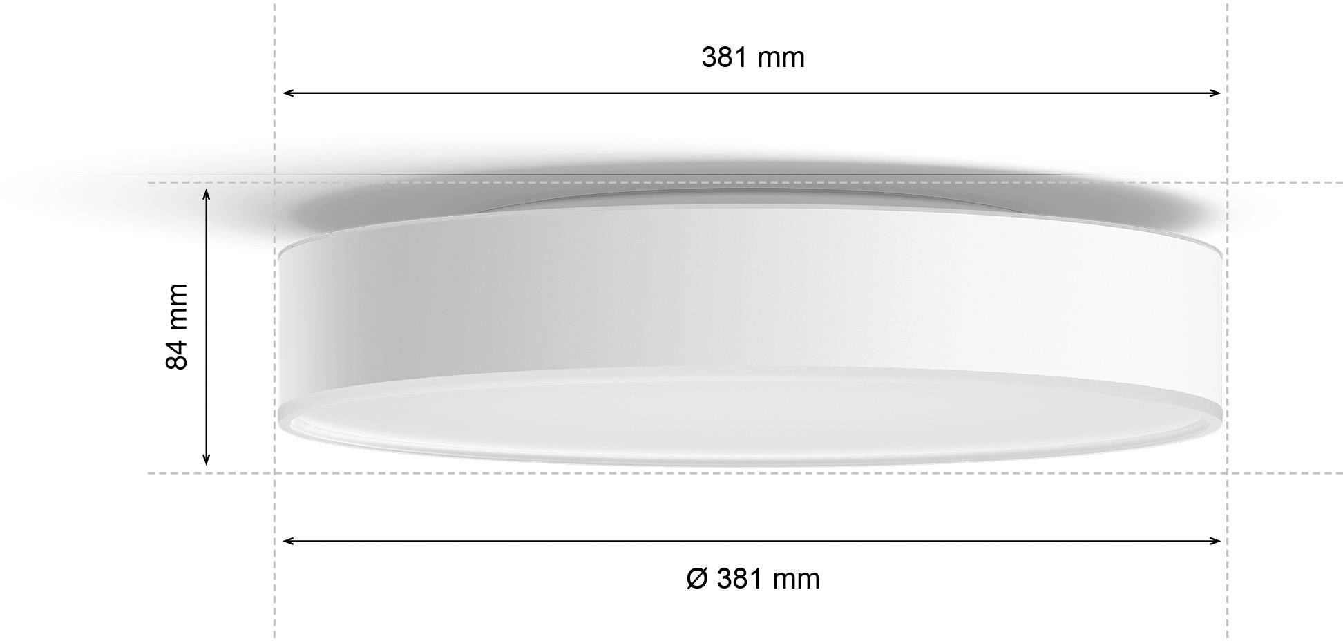Round ceiling light, 381 mm diameter, 84 mm height. Shadow cast on the left side.