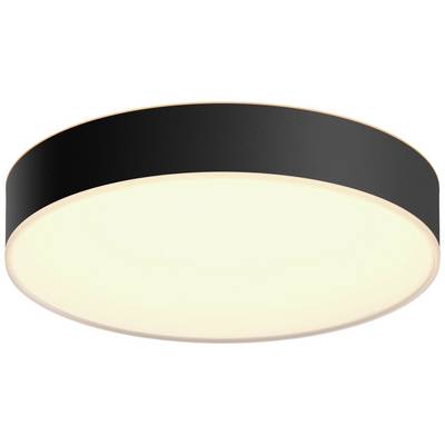 Black, circular ceiling light with a diffused cover that spreads warm light. Suitable for modern interior design.