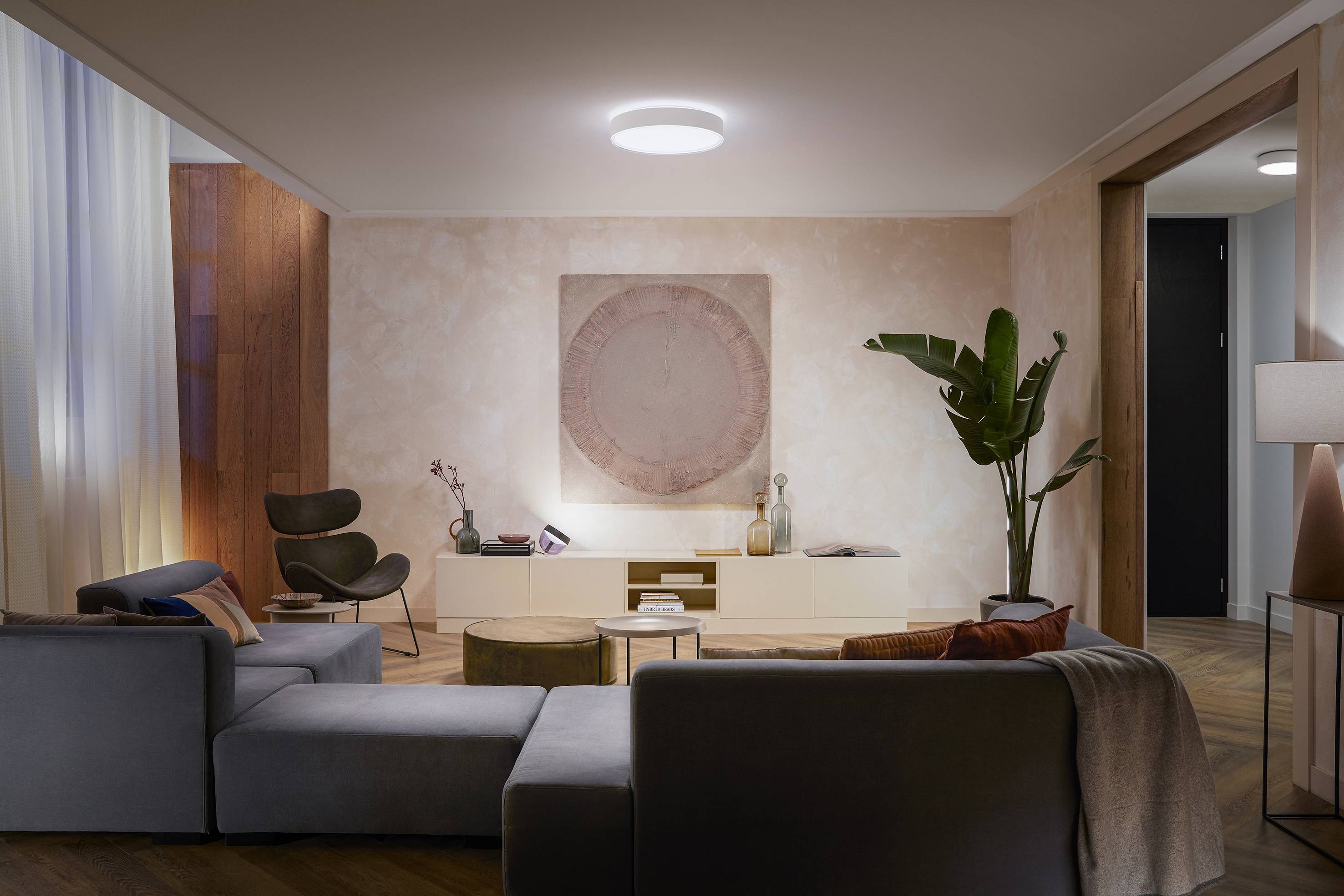 A cosy living room with a grey sofa, plants, and modern lighting. A painting hangs above a white sideboard.