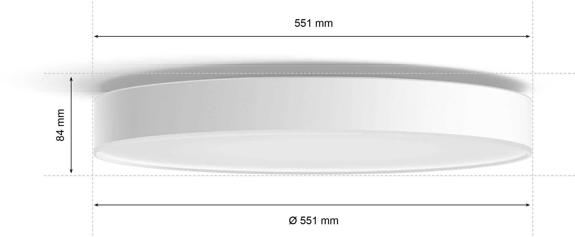 Round, flat ceiling light with a diameter of 551 mm and a height of 84 mm.