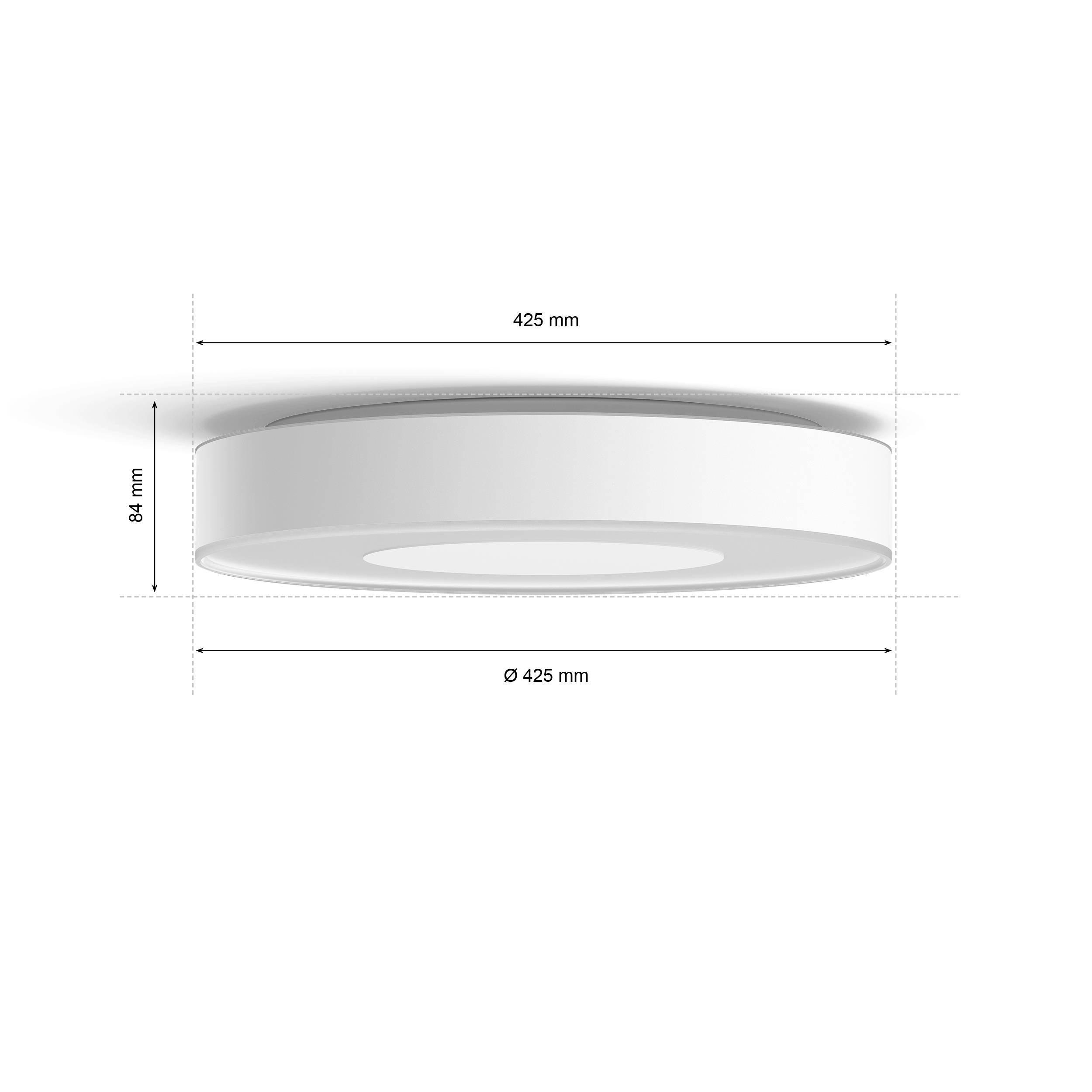 White round ceiling light, diameter 425 mm, height 84 mm.