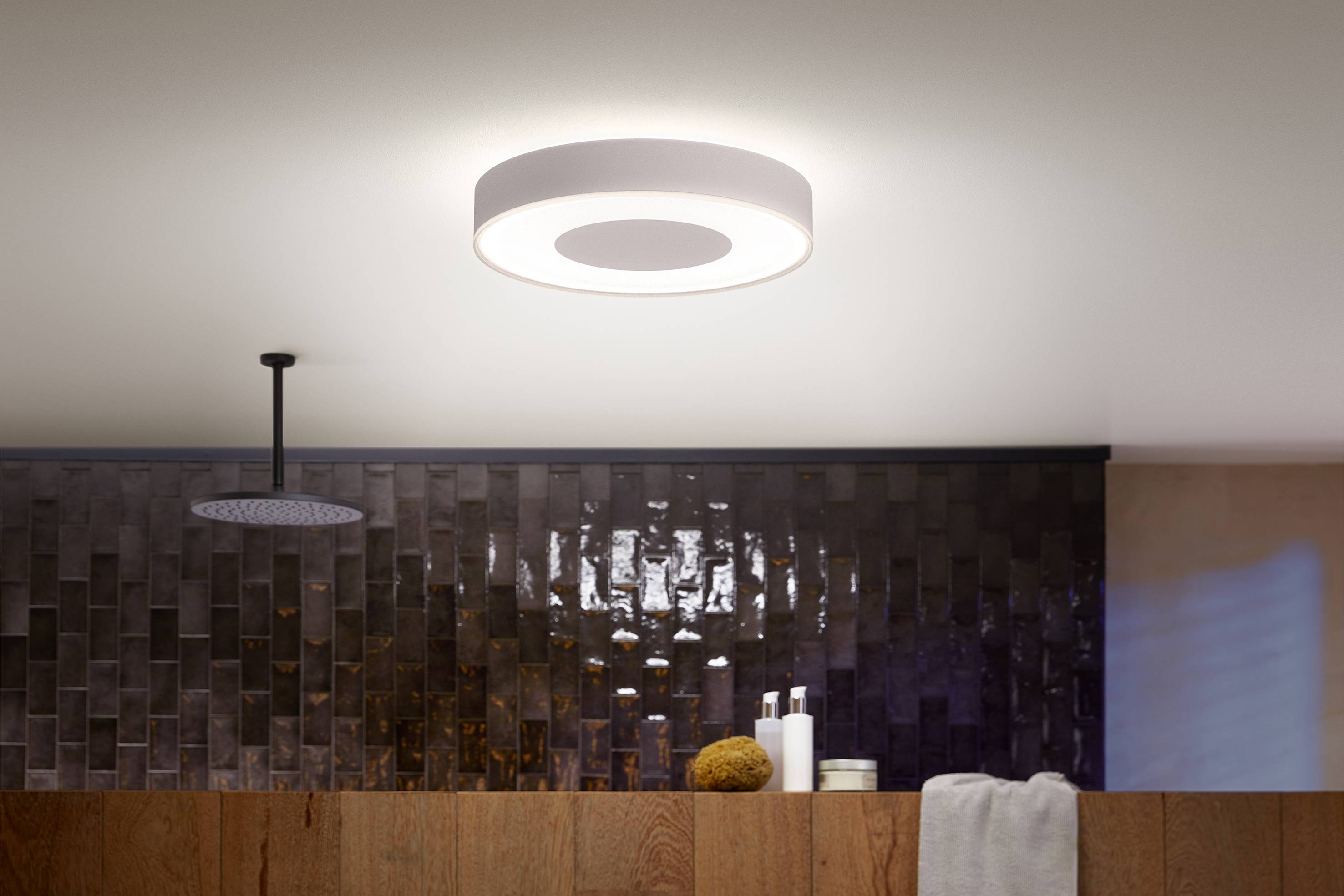 A modern ceiling light illuminates a stylish kitchen with dark tiles and wooden elements. On the left, a round, shower head-like light fixture hangs.