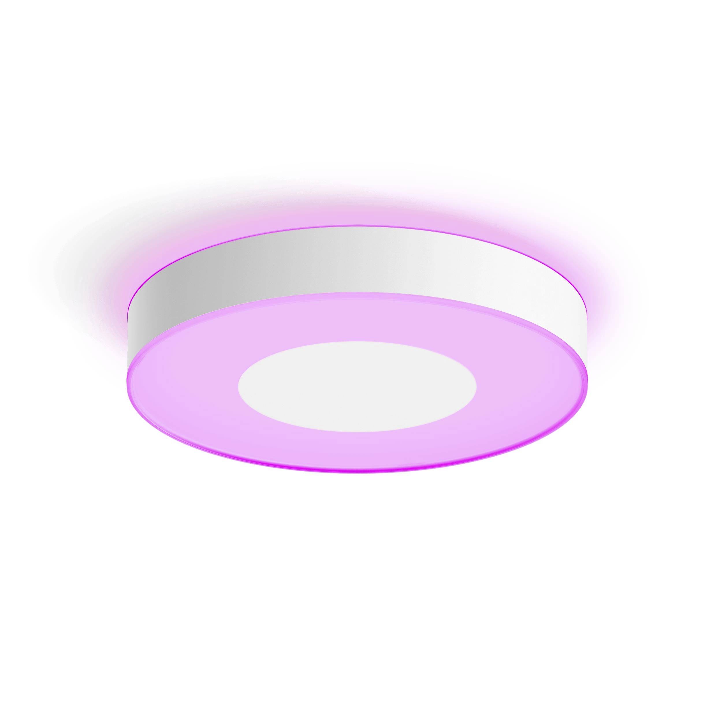 A white ceiling light with a purple-illuminated edge.
