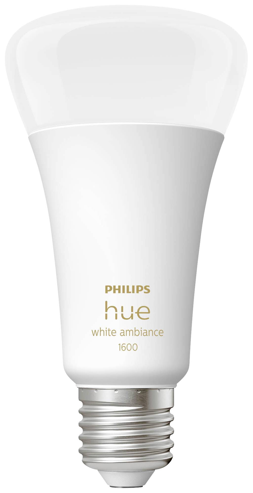 White Philips Hue Light Bulb, model "white ambiance 1600", showcases modern design and smart lighting control.
