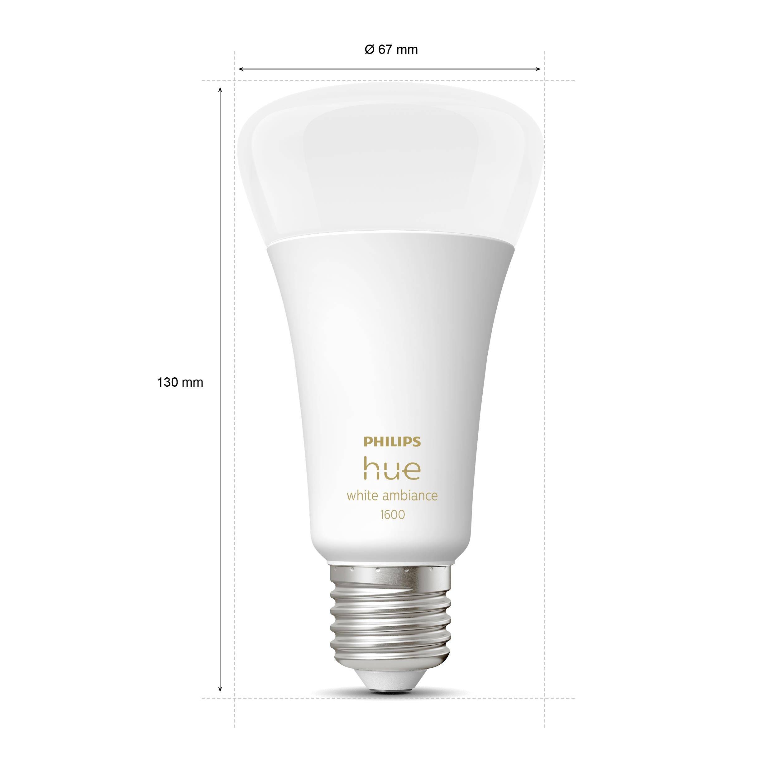 LED light bulb 'Philips Hue White Ambiance', 1600 lumens, 130 mm height, 67 mm diameter. E27 fitting, dimmable, from warm to cool white.