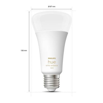 LED light bulb 'Philips Hue White Ambiance', 1600 lumens, 130 mm height, 67 mm diameter. E27 fitting, dimmable, from warm to cool white.