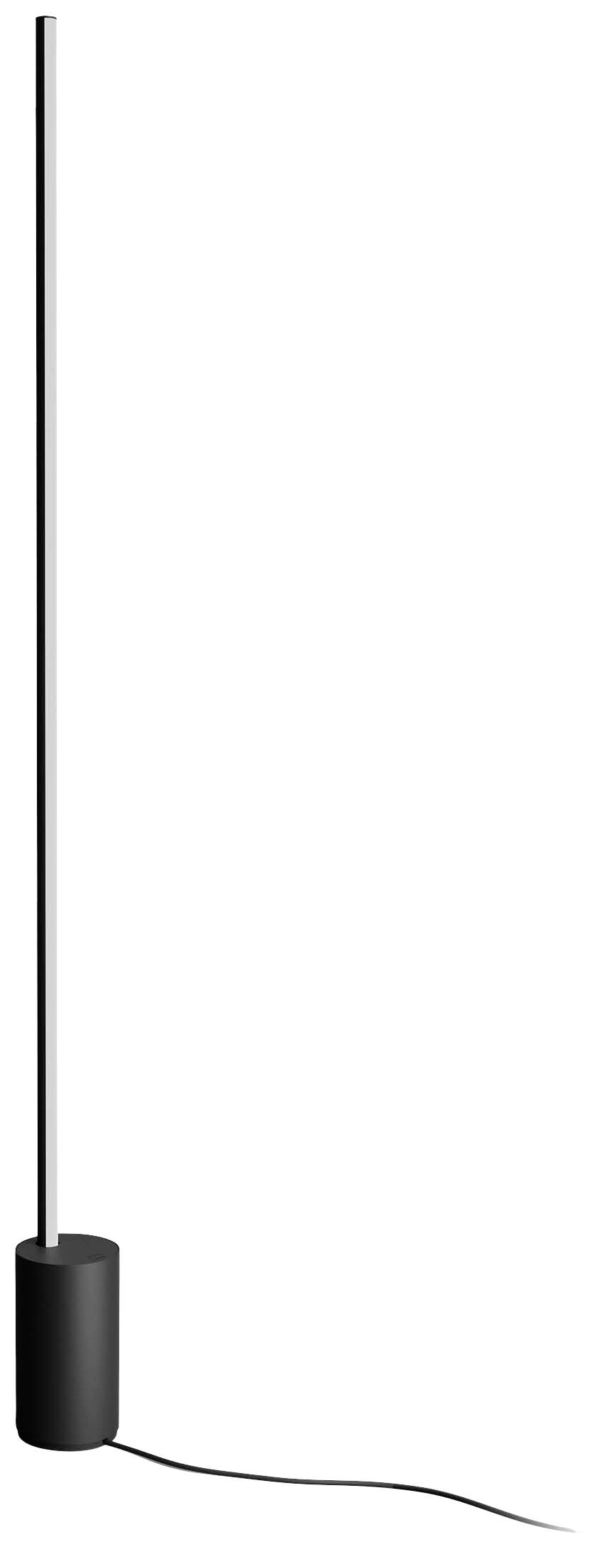 Slender, modern floor lamp with a cylindrical base and a long, thin luminaire. Black cable for connection to power source.