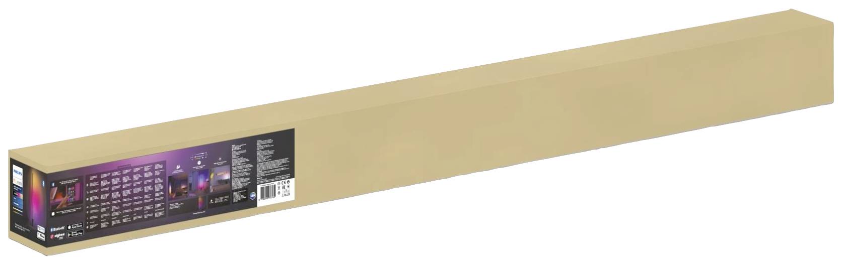 Long, rectangular packaging with a label displaying technical information and a colourful light pattern.