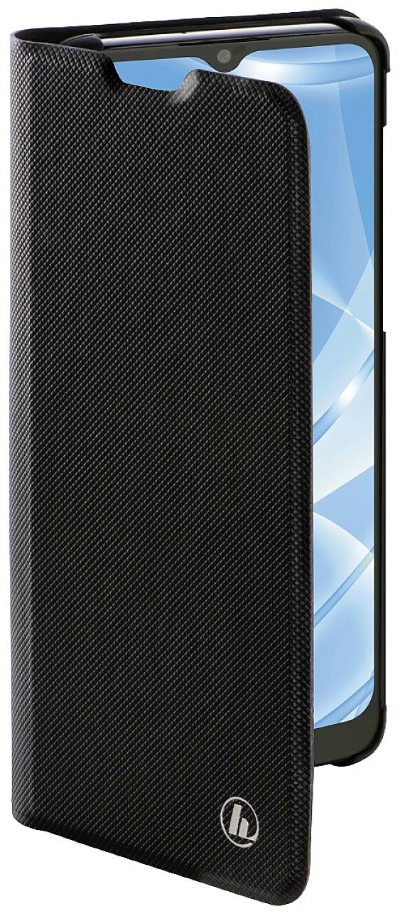 Smartphone with a black protective case, half-opened, displaying the front of the phone with an illuminated screen and a blurred image.