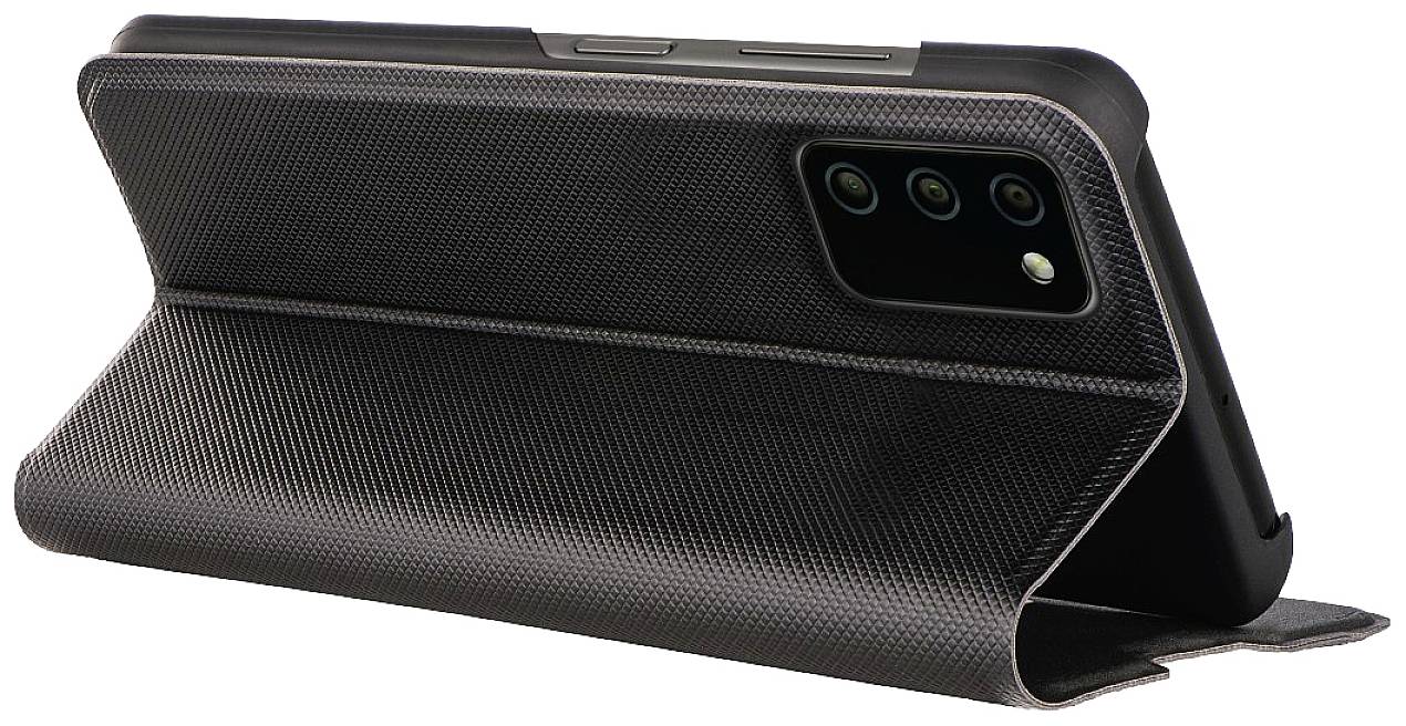 A black smartphone protective case with texture lies open, displaying the back of a phone with three camera lenses.