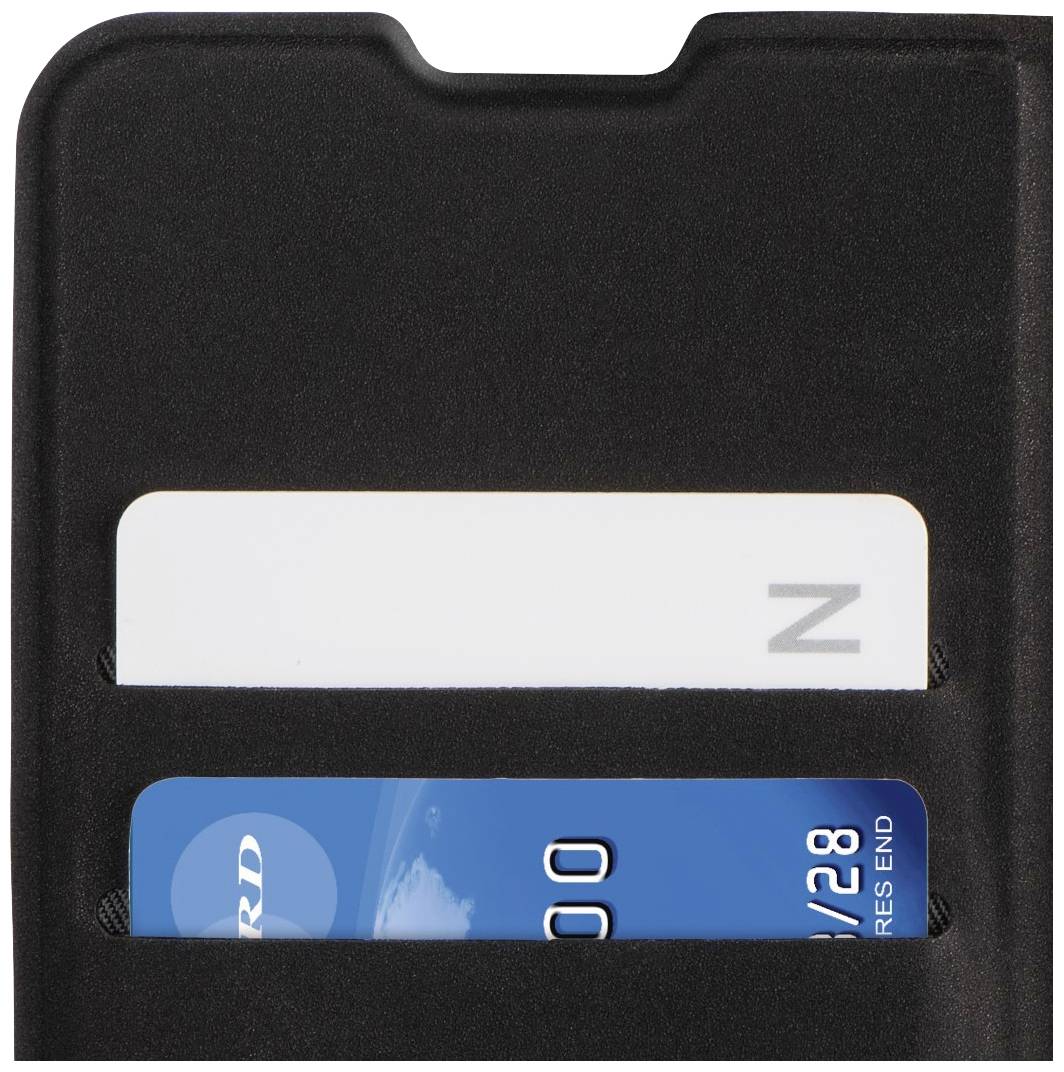 Two cards in a black card holder. At the top, a white card with a letter. Below, a blue bank card with partially visible numbers.