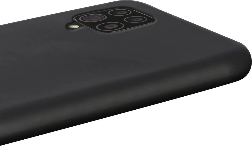 A black smartphone with four cameras on the back, slightly angled from below, demonstrates a modern design.