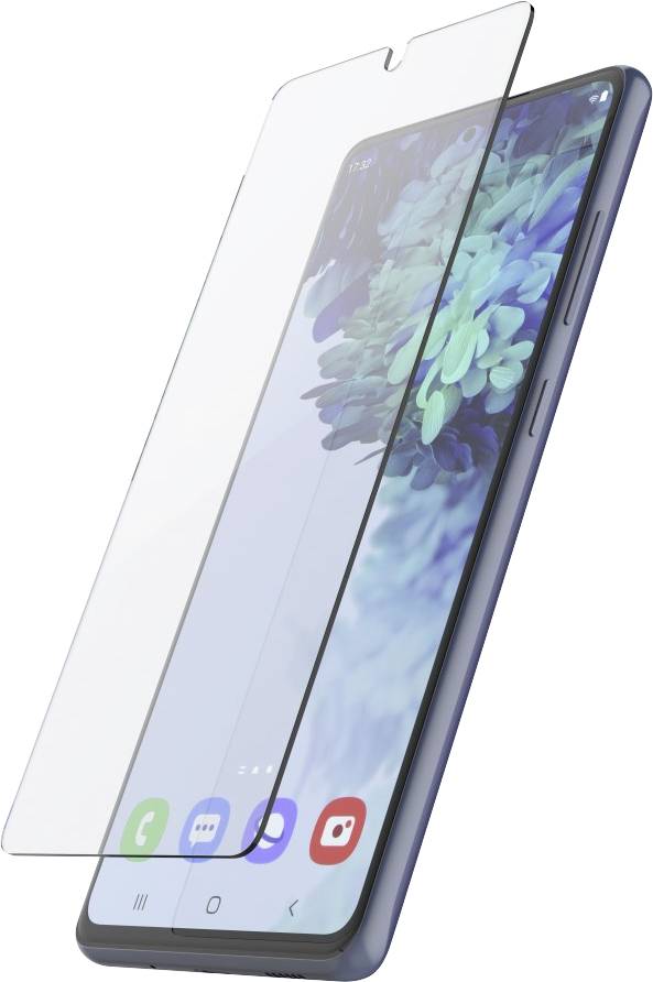 Smartphone with its screen switched on, displaying a transparent screen protector.
