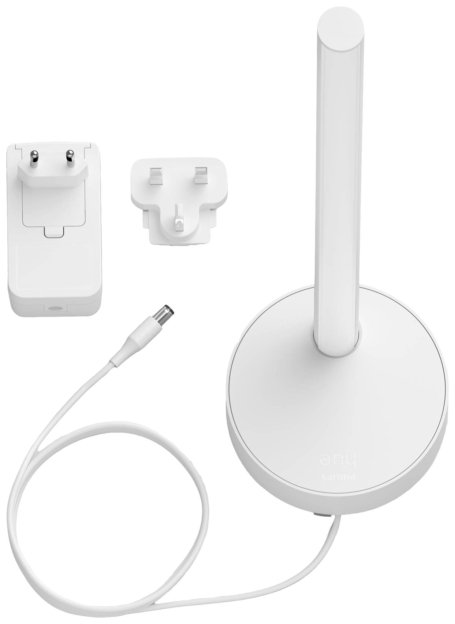 A round, white Wi-Fi router with an upright antenna and power supply. Accessories include two interchangeable plug adapters.