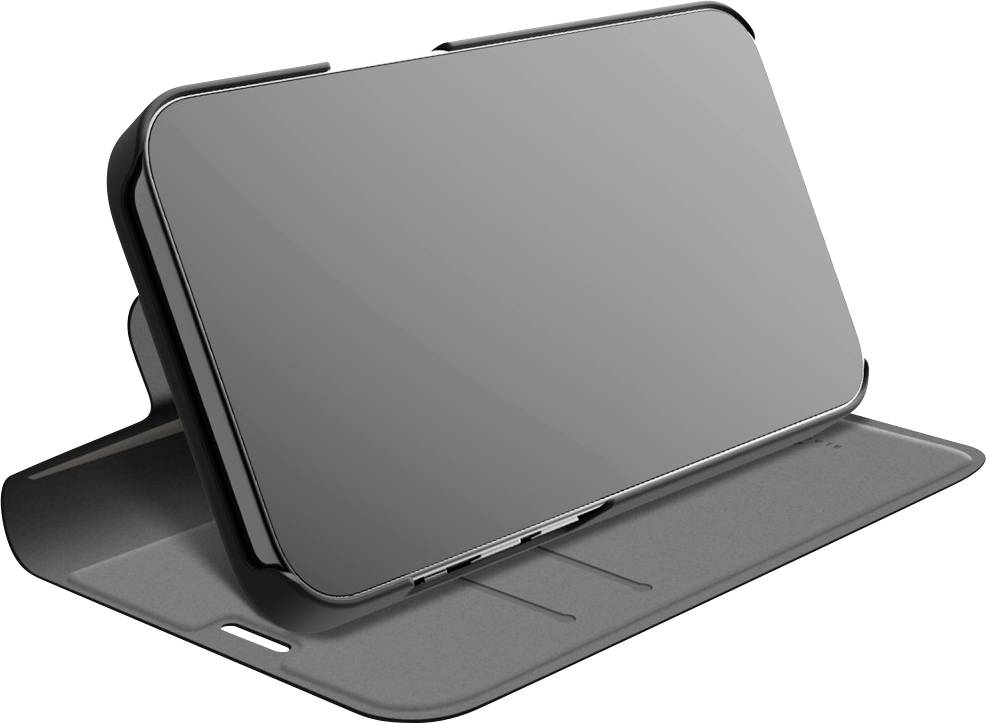 Smartphone in a horizontal case that also serves as a stand. The case is dark grey and has a smooth surface.